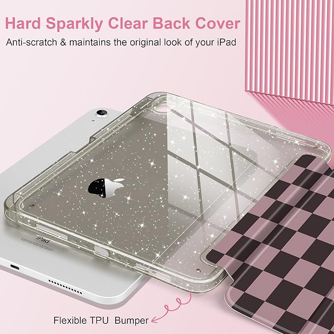 DONGKE for iPad Pro 11 inch Case – Fits M5 2025 / M4 2024 Shockproof Sparkling Glitter Acrylic Back Pencil Holder Trifold Stand Auto Sleep/Wake &amp Touch ID Support - Brown Gingham