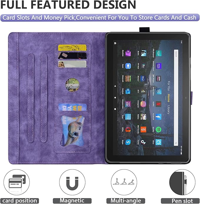 Dteck Case for All-New Amazon Kindle Fire HD 10 &amp 10 Plus Tablet (13th/11th Generation 2023/2021 Release) 10.1 Premium PU Leather Embossed Flower Folio Stand Case Cover with Pencil HolderPurpl