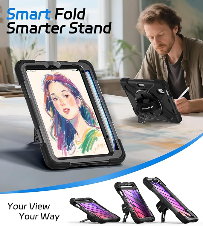 BRAECNstock Case for Apple iPad mini 7 (A17 Pro) 2024/ Mini 6 2021 8.3 Rugged Protective with Screen Protector Pencil Holder Rotating Hand Strap &amp Stand iPad mini 7th/6th Gen Case Kids Black