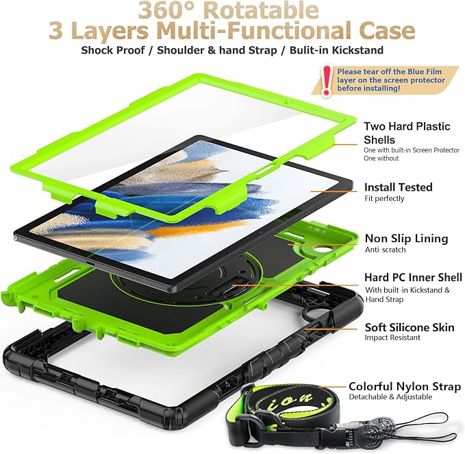 SEYMAC stock Case for Samsung Galaxy Tab A8 10.5'' Full-Body Drop Protection Case with Screen Protector Pencil Holder [360° Rotating Hand Strap] &ampStand Green+Black