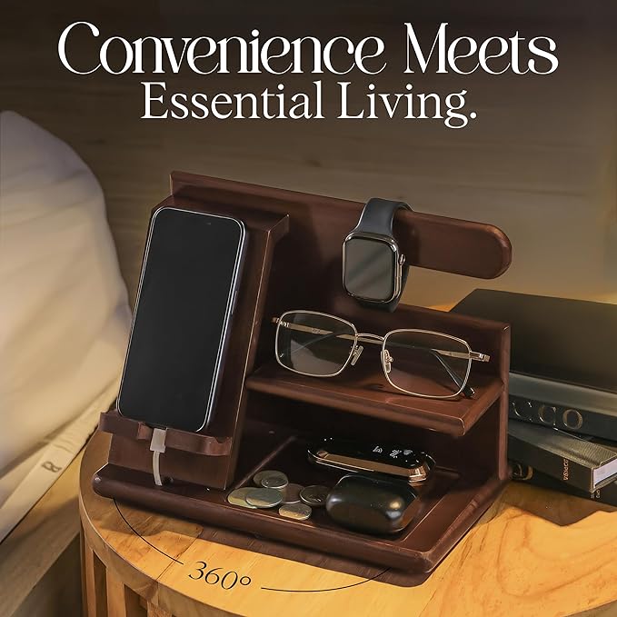 360° Rotating Nightstand Organizer - Wood Phone Docking Station with Rotating Base Charging Slot Holds watch Wallet Keys Eyewear - Birthday Gifts for Men &amp Women Bedroom or Office Use Dark