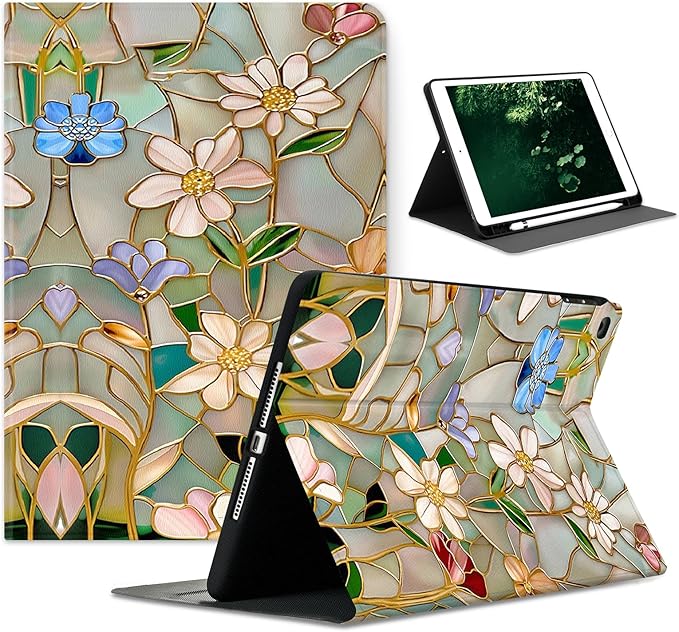 Compatible with iPad Air 13 inch Case (M3 2025 /M2 2024)/12.9 inch Case (6th/5th/4th/3rd 2022/2021/2020/2018) with Pencil HolderAuto Wake/Sleep Protect CoverVintage Stained Glass Flowers