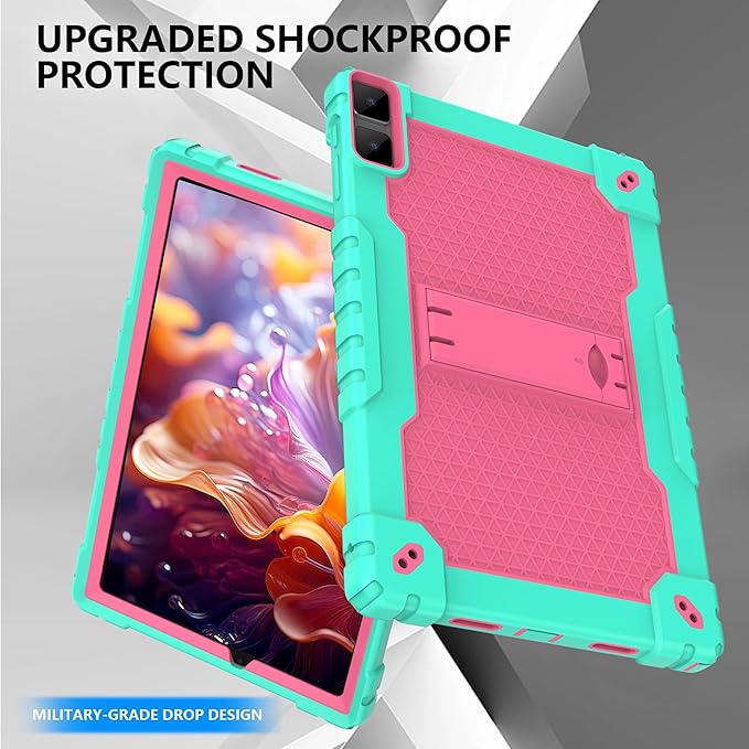 Doemoi case for DOOGEE T10 PlusUMIDIGI A13 10.5TECLAST T40HD T40Air 10.4 Hybrid Shockproof Protective Kids Firendly Case with Hard Shell Built in Kickstand Shoulder Strap (Green/Pink)