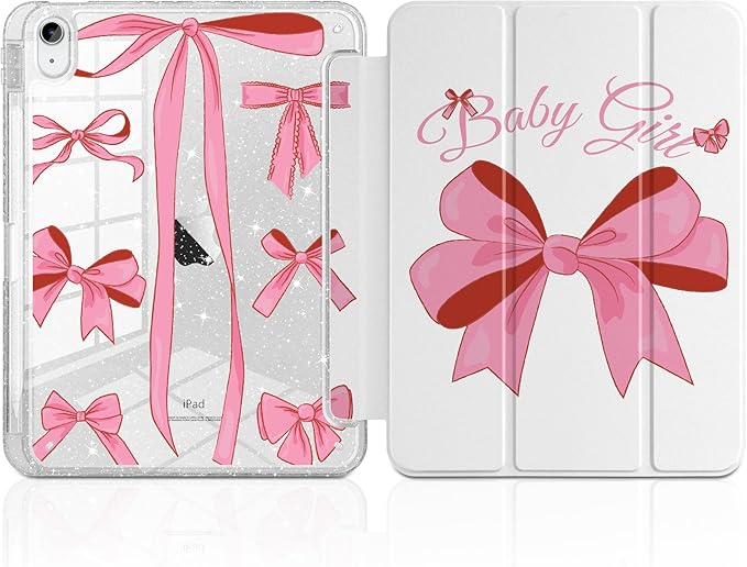 MEEgoodo Case for iPad A16 11th Generation 2025/10th Generation 2022 Glitter Tablet Cases with Transparent Acrylic Back+Trifold Stand +Pencil Holder+Auto Wake/SleepPink Girly Vintage Bows