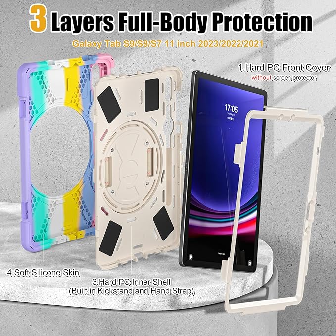 BRAECNstock Kids Case for Samsung Galaxy Tab S10 Lite/ S10 FE/ S9 FE/ S9/ S8/ S7 5G 10.9/ 11 Shockproof Protective Case with Pen Holder Rotating Hand Strap &amp Stand Shoulder Strap Colorful Pi