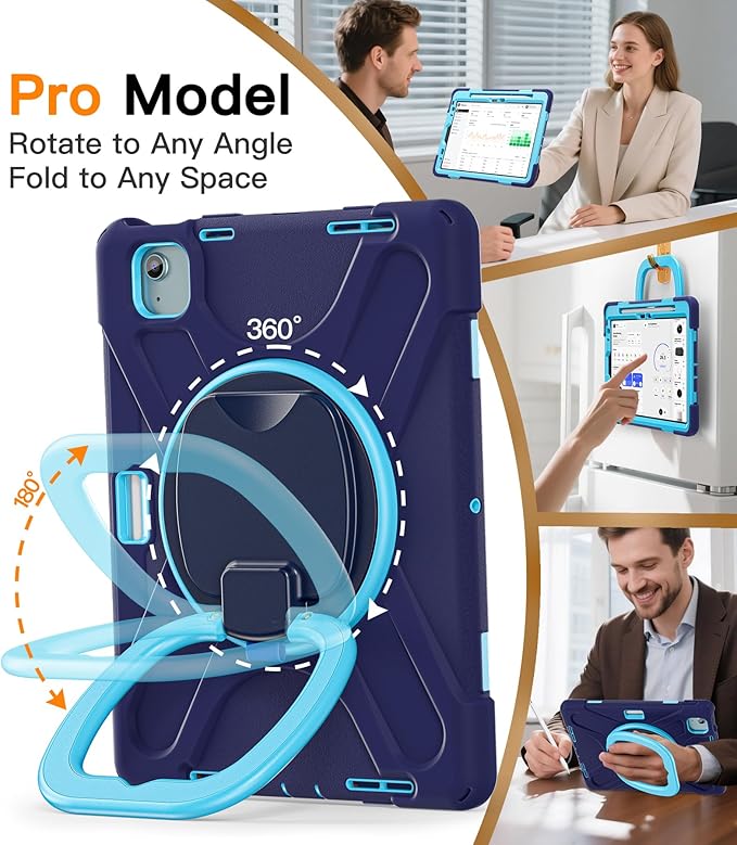 BATYUE Case for iPad Air 11-inch M4 (2026)/ M3 (2025)/ M2 (2024) iPad Air 5th/4th 10.9 inch(2022/2020) iPad Pro 11 4th/3rd/2nd/1st Kids Cover with Rotating Stand Pencil Holder Strap NavyBlue