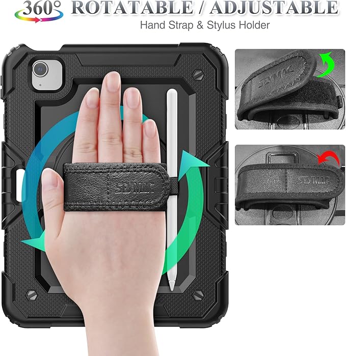 SEYMAC stock Case for iPad Air 5th/4th Generation/Pro 11 (4th/3rd/2nd) with Screen Protector Pen Holder 360° Rotate Hand Strap/Stand Case for iPad Air 5th/4th Gen 10.9''/ Pro 11'' (Black)