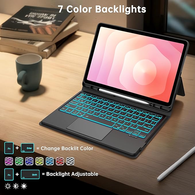 Touch Keyboard Case for Samsung Galaxy Tab S11 11 inch - Folio Combo Wireless Smart Touch Trackpad Keyboard Tablet Cover - 7 Colors Backlit Keyboard with S Pen Holder for Galaxy Tab S11 112025 Black