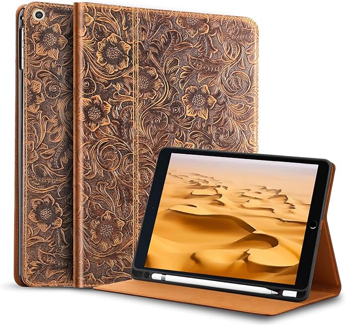 Gexmil Leather Case for iPad 10.2 inch 9th/8th/7th Gen. 2021/2020/2019 with Pencil Holder Genuine Leather Cover Auto Sleep/WakeSmart Folio Shockproof ProtectiveAnti-FingerprintFlower Brown