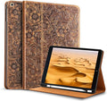 Gexmil Leather Case for iPad 10.2 inch 9th/8th/7th Gen. 2021/2020/2019 with Pencil Holder Genuine Leather Cover Auto Sleep/WakeSmart Folio Shockproof ProtectiveAnti-FingerprintFlower Brown