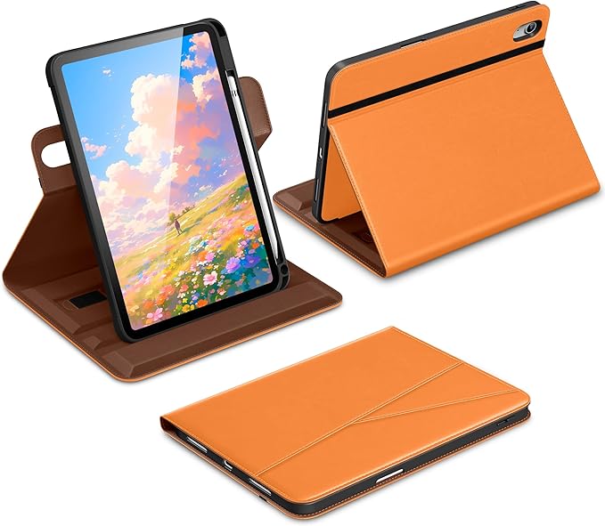 DTTO for iPad A16 Case iPad 11th / 10th Generation Case (2025/2022) 360 Degree Rotating Premium Leather Folio Stand Cover with Pencil Holder New Orange