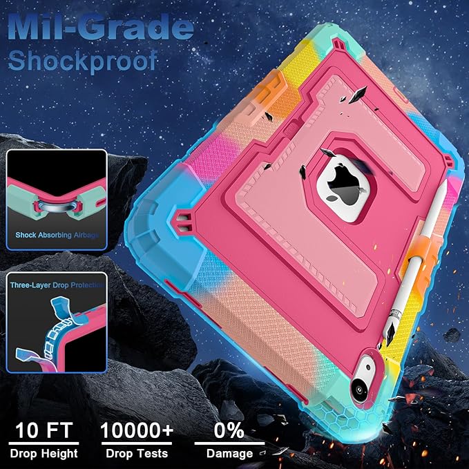 WESOROL Case for iPad A16 11th/10th Generation 2025/2022 with Pencil Holder Shoulder Strap iPad Case 10th Generation Shockproof Cover for iPad 11th/10th Gen CasesColorful Pink