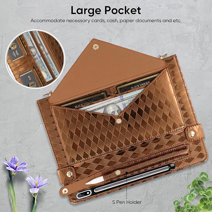 Tablet Carrying Shoulder Bag Case for Samsung Galaxy Tab S9 FE+ Plus/S9+/S8+/S7+ Plus 12.4 Iridescent Diamond Texture Envelope PU Leather Hand Strap Cards Holder Pocket S Pen Holder CaseBrown