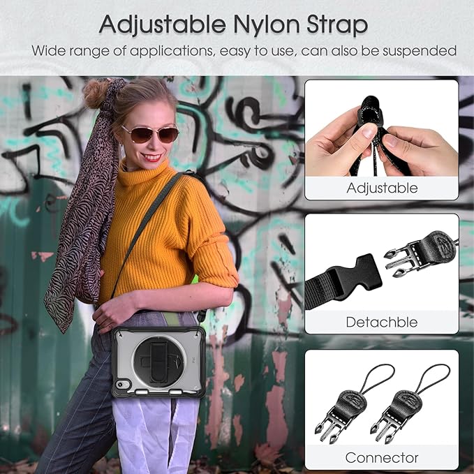 BRAECNstock Case for iPad mini 7 (A17 pro) 2024 &amp Mini 6 2021 8.3-inchShockproof Protective Cover with Pencil HolderScreen Protector360° Rotating Hand Strap/Stand-Black