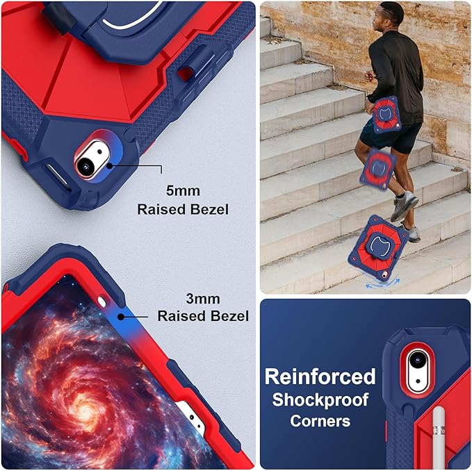 Case for iPad (A16) 11th Generation 11 Inch (2025) iPad 10th Generation Case 10.9 Inch (2022) Shockproof Cover with 360° Rotating Stand Screen Protector Pen Holder Shoulder Strap Navy Red