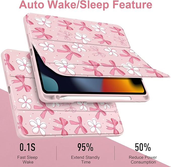 DONGKE for iPad 9th/8th/7th Generation Case 10.2 Inch (2021/2020/2019) [Auto Sleep/Wake &amp Pencil Holder] Clear Acrylic Back Trifold Stand Cover Bow &amp Daisy