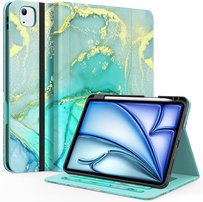 Case for iPad Air 11-inch M3/ M2 (2025/2024) iPad Air 5th/ 4th Generation 10.9'' (2022/2020) iPad Pro 11 (4th/3rd/2nd/1st Gen) Multi-Angle Stand Cover with Pencil Holder Marble Green