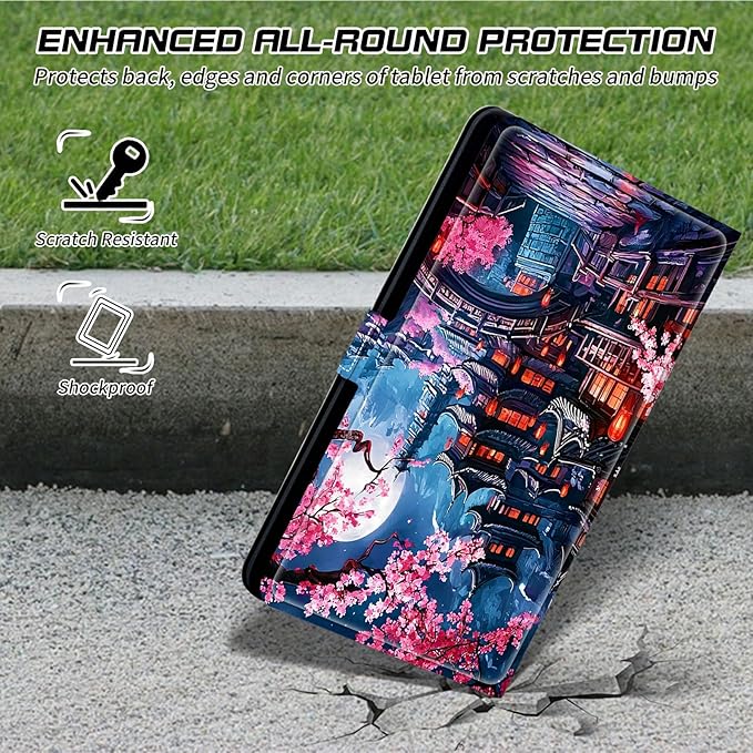 for Walmart Onn 10.1 2024 Onn 10.1 Gen 4 Universal Tablet Case 360 Degree Rotating Kickstand Protective Stand Case with Multiple Viewing PU Leather Shell Case Cherry Blossom House