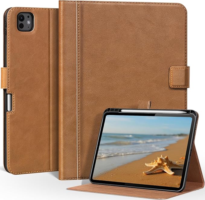 Genuine Leather Case for iPad Pro 13 Inch M5 2025/M4 2024 with Pencil HolderProtective Shockproof Premium Leather Smart Folio Cover Adjustable Stand Auto Sleep/Wake Anti-Slip Brown