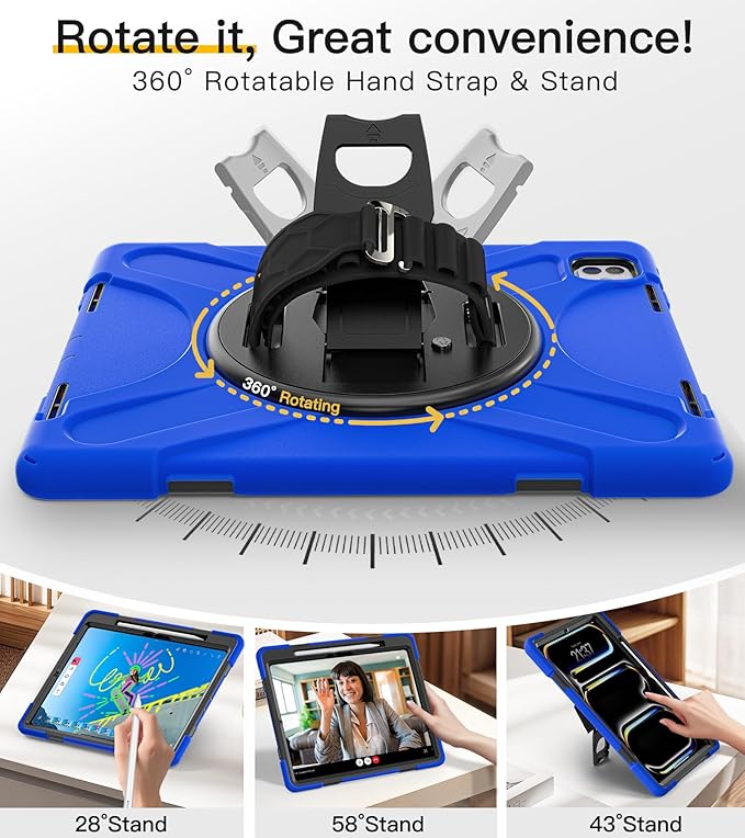 BRAECN for iPad Pro 13 inch Case M5 2025 &amp M4 2024 Heavy Duty Shockproof Protective with Pencil Holder Screen Protector 360°Rotating Stand Handle &amp Shoulder Strap Full Body Cover Kids Friendly