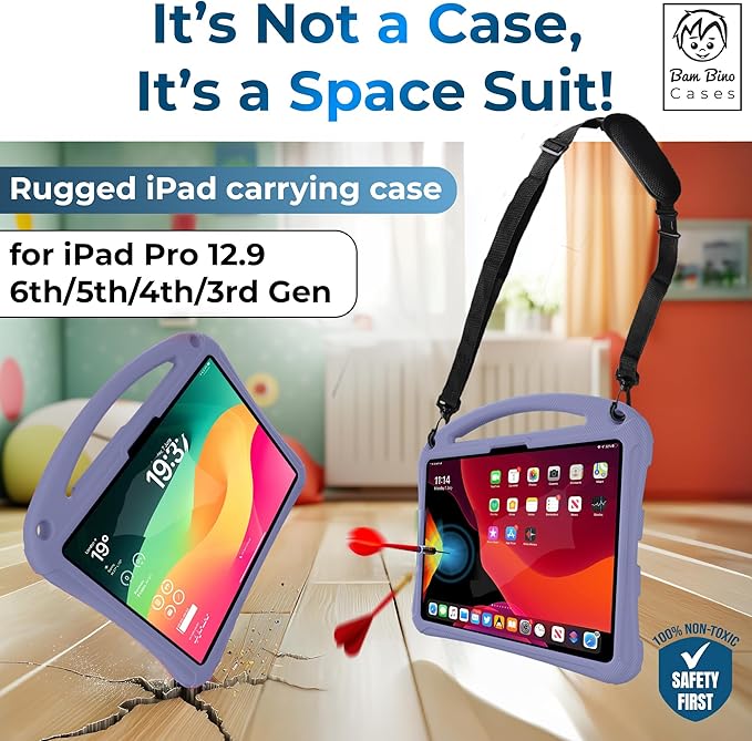 Bam Bino Space Suit Kids Case for iPad Pro 12.9 3rd/4th/5th/6th Generation (2018-2022) Models [Not for iPad Pro 12.9 1st/2nd Gen] Screen Guard Handle Shoulder Strap Pencil Holder (Nebula Violet)