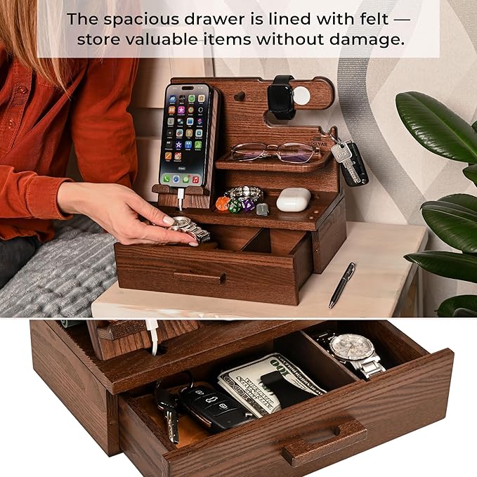 TESLYAR Wood Phone Docking Station with Drawer - Nightstand Organizer - Desk Organizer for Husband - Birthday Gifts for Men Dad Anniversary Idea Key Holder Stand Watch &amp Accessories (Bourbon Br