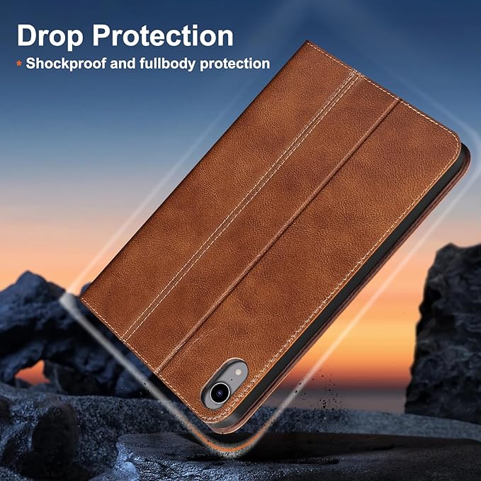 Gexmil Leather Case for iPad mini 7 (A17 Pro) 2024 / iPad mini 6 Generation 2021 8.3 InchPremium Cowhide Cover with Adjustable Stand Auto Wake/SleepVegetable Tanned Brown