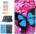 Case for Amazon Kindle Fire HD 10 Tablet 9th/7th Generation 2019 and 2017 with Stylus Holder Card Slots [Auto Sleep/Wake] Smart Stand PU Leather Magnetic Folio Cover Blue Butterfly Flower