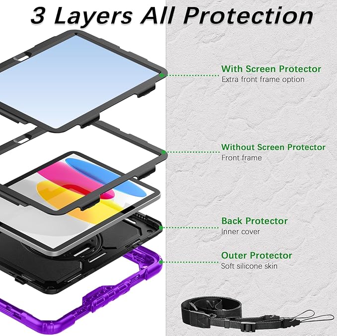 Weuiean Case for iPad A16 11th/10th Generation 11/10.9 Military-Grade Heavy-Duty Shockproof Cover with 360° Rotating Stand Built-in Pencil Holder &amp Adjustable Hand/Shoulder Strap - Purple+Blac