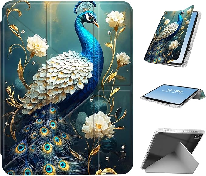 for iPad mini 7 A17 Pro 2024/iPad Mini 6 2021 Case with Pencil HolderFoldable Y-Shaped CoverStylish Clear Multi-Angle Viewing&ampAuto Sleep/Wake Peacock with Golden Vines Tablet Case