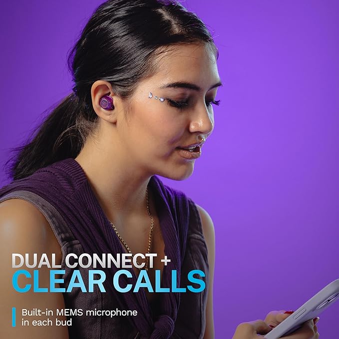 JLab Go Pop ANC True Wireless Earbuds &amp Charging Case Transparent Purple Active Noise Cancelling 10mm Drivers Dual Connect Customize Your Sound with App Be Aware Mode MEMS Microphone