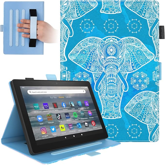 Dteck Folio Case for All-New Kindle Fire HD 10 &amp Fire HD 10 Plus 11th Generation 10.1 inch 2021 ReleaseShockproof Protective PU Leather Case with Hand Strap Smart Stand Magnetic CoverEthnic Elep
