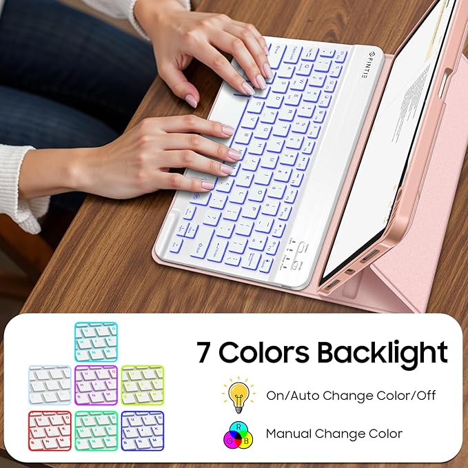 Fintie Backlit Keyboard Case for iPad Air 11-inch M4/M3/M2 (2026/2025/2024) iPad Air 5th/4th Gen 10.9 Inch - Soft TPU Cover with 7 Color Backlight Detachable Bluetooth Keyboard Rose Gold