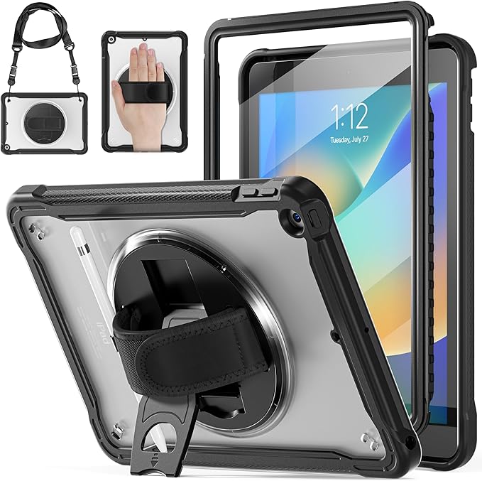 BRAECNstock for iPad 9th/ 8th/ 7th Generation Case 10.2 2021/2020/2019Shockproof Cover with 360° Rotating Hand Strap/StandScreen ProtectorCarrying Shoulder StrapPencil Holder(Black)
