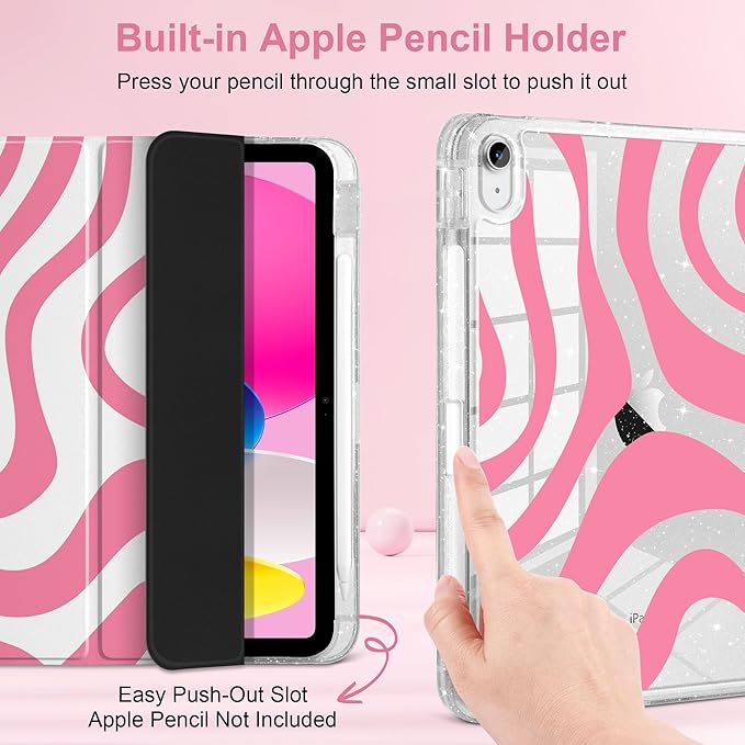 MEEgoodo Case for iPad A16 11th Generation 2025/10th Generation 2022 Glitter Tablet Cases with Transparent Acrylic Back+Trifold Stand +Pencil Holder+Auto Wake/SleepPink Wave Pattern