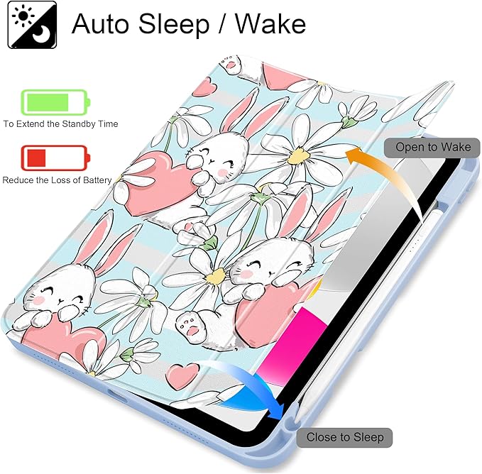 May Chen for iPad Air 11-inch M4/M3/M2 (2026/2025/2024) iPad Air 5th/4th 10.9 Inch - Shockproof Cover with Clear Back Shell &amp Penceil Holder Auto Wake/Sleep Stand Cover Heart Rabbits