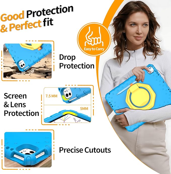 for iPad Pro 13 inch Case 2025 M5 / 2024 M4 with 360° Rotating Kickstand Rugged EVA Foam Shockproof Drop Proof Protective iPad 13 Pro Case for Home &amp School Use Blue