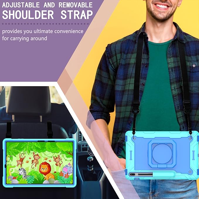 Stand Case for Samsung Galaxy Tab S8 Plus 2022/Tab S7 FE 5G 2021/Tab S7 Plus 2020 12.4 inch 360 Degree Rotating Kickstandwith Hand/Shoulder Strap Rugged Shockproof Cover Aqua Green &amp Blue