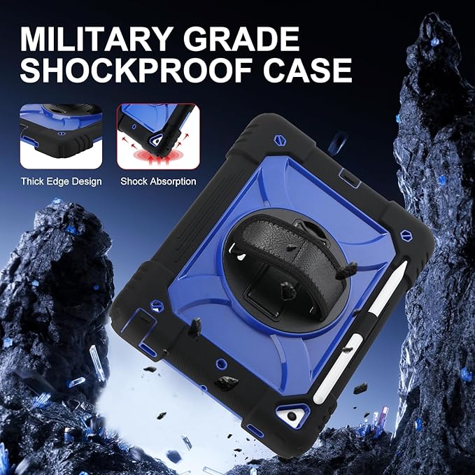 for iPad 6th Generation/iPad 5th Gen/iPad Air 2/iPad Pro 9.7 Case with Cute Key Chain Rugged Protective Case with Rotating Stand &amp Shoulder Hand Strap for iPad 6th/5th/ Air 2 (Black+Blue)