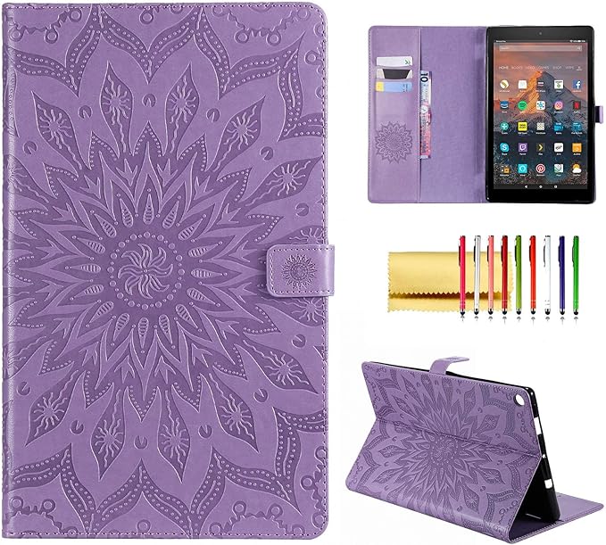 Folio Case for Fire HD 10 (9th/7th/5th Generation 2019/2017/2015 Release) Techcircle Sunflower Embossed Stand Protective Cover with Card/Cash Holder for Amazon Fire HD 10.1 Inch Tablet Purple