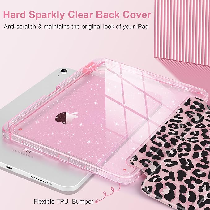 TWOLSKOO Sparkly Case for iPad Pro 11 inch (M5 2025 / M4 2024) Glitter Hard Acrylic Back with Pencil Holder Slim Trifold Stand Folio Cover Auto Sleep/Wake Pink Leopard