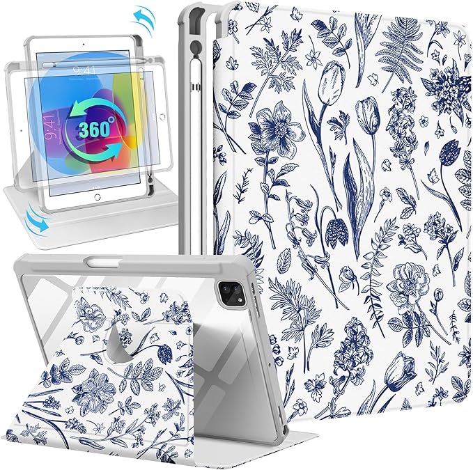 Kidcube for iPad Air 13 Inch Case M3 2025/M2 2024 for iPad Pro 12.9 Cases (2022/2021/2020/2018) - Women Girls Cute Folio Cover with Pencil Holder Kawaii Girly Blue Floral Flower Design Rotating Stand