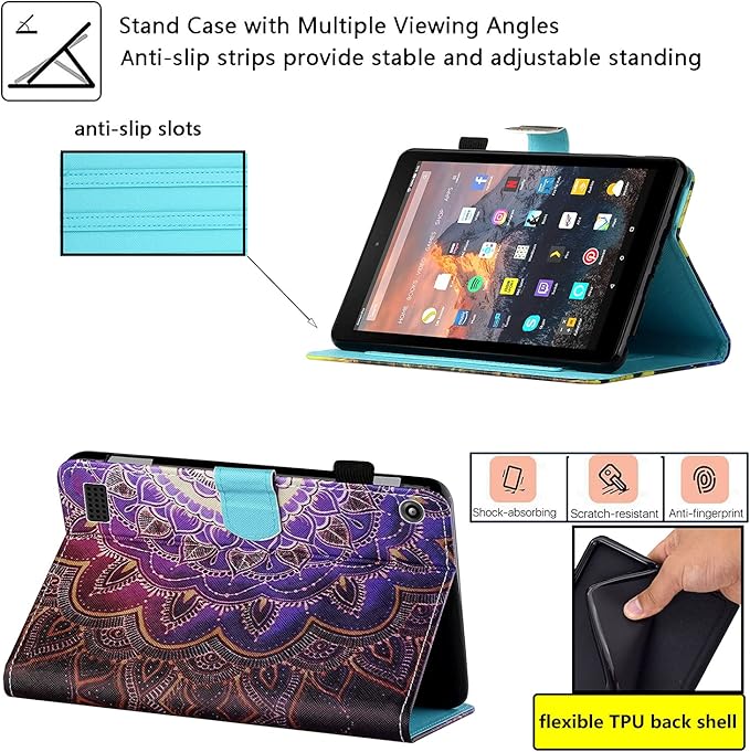 7 Kindle Fire 7 Case 9th/7th/5th Generation (2019/2017/2015 Release) with Stand Pencil Holder [Auto Wake/Sleep] Slim Smart Magnetic Folio PU Leather &amp TPU Back Cover Purple Datura Flowers