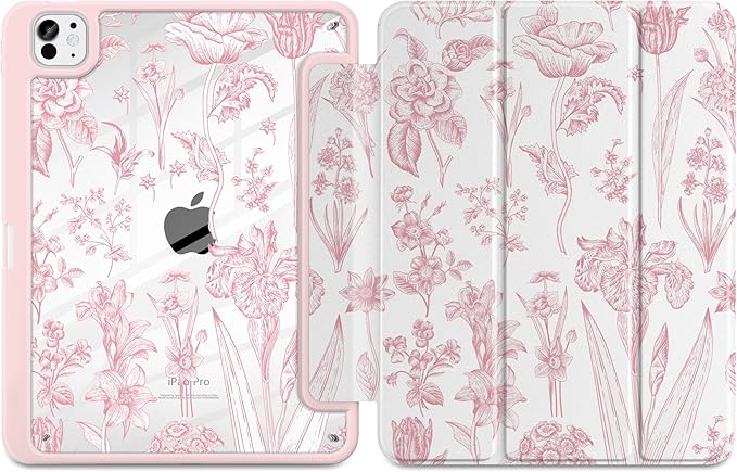 DONGKE for iPad Pro 11-Inch Case (M5 2025 / M4 2024) 6th/5th Generation [Auto Sleep/Wake &amp Pencil Pro Holder] Clear Acrylic Back Smart Trifold Stand Cover Pink Florals