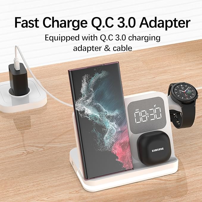 Digital Alarm Clock 3 in 1 Multifunctional Wireless Charger Compatible with Huawei/iPhone/Samsung Phone/Watch/Earphone Fast and Safe Charging with LED Night Light (White Huawei(Watch))