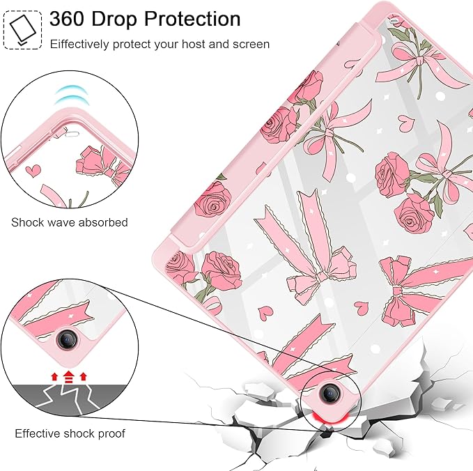 Tuiklol for Samsung Galaxy Tab A9+ Tablet 11” / A9+ Plus 2024 2023Buit-in S-Pen Holder with Clear Protective Cover Transparent Back Shell Auto Wake/Sleep Samsung Tab A9 Plus CoverBow &amp Rose