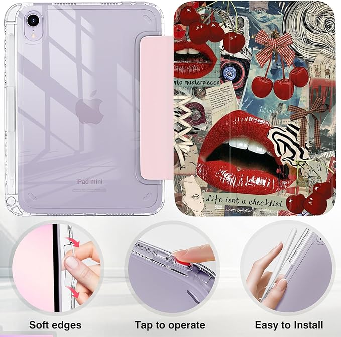 Y2K Retro Red Lips Cherry Design Case for iPad mini 6/7 (8.3) Cover with Pencil Holder DIY Stickers Tri-Fold Stand Auto Wake/Sleep for Girls