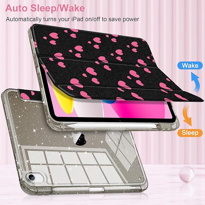 MEEgoodo Case for iPad A16 11th Generation 2025/10th Generation 2022 Glitter Tablet Cases with Transparent Acrylic Back+Trifold Stand +Pencil Holder+Auto Wake/SleepPink Hearts