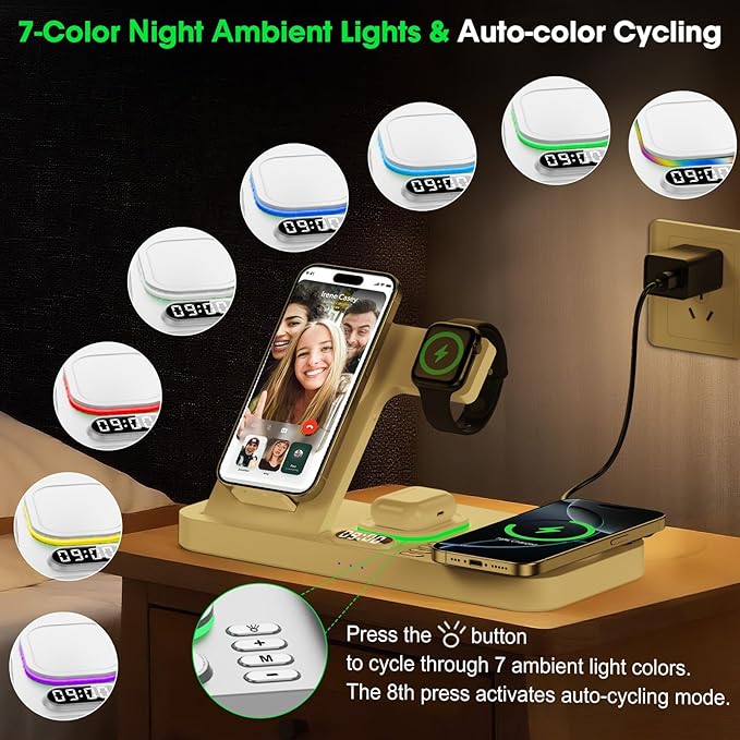 Dual Phone Wireless Charging Station for Apple Devices Magnetic Charging Station for iPhone with Auto Switch 7-Color Light&ampClock Family Watch Charger for iPhone17 for iWatch11 for AirPods Pro3(S