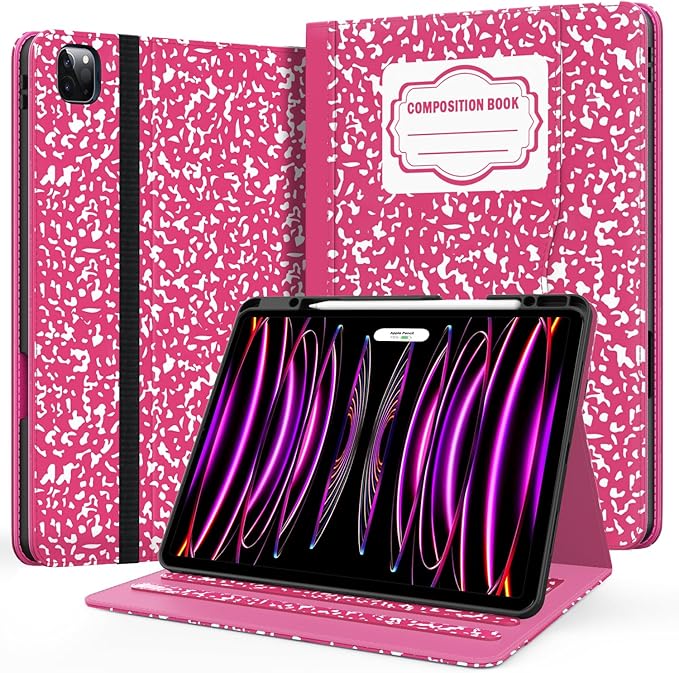 Case for New iPad Pro 12.9 inch 6th/5th/4th/3rd Generation 2022/2021/2020/2018 12.9'' ipad Pro Leather Cover 6/5/4/3 Gen with Pencil Holder Auto Wake/Sleep Composition Book Pink